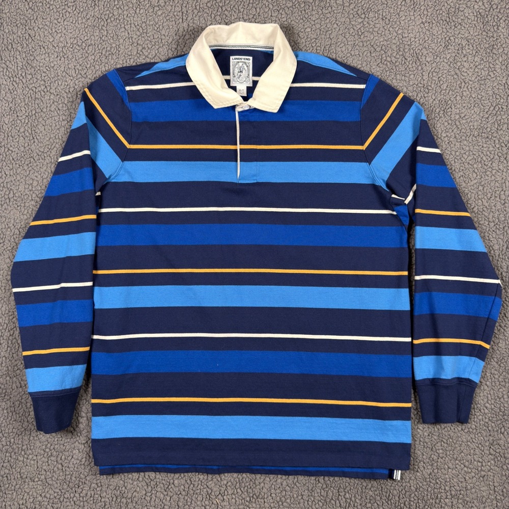 Lands End Mens Rugby Shirt XL Tall Blue Striped Long Sleeve Cotton XLT Preppy